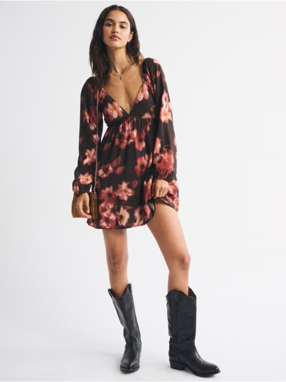 Abercrombie Clasp-Back Flowy Mini Dress Brown Floral Size Small NWT